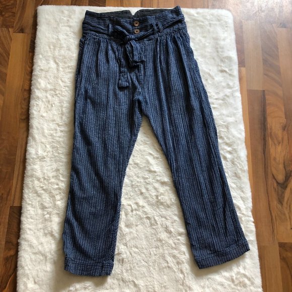 Free People Stripe High Waist Paper Bag belted Pants Size 4 - Picture 2 of 11